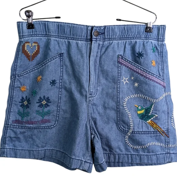 Johnny Was Lyonne Pull On Shorts Large Chambray Embroidered Floral Birds Boho